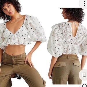 Brand New! For Love And Lemons Polkadots White Eyelet Puff Sleeve Blouse